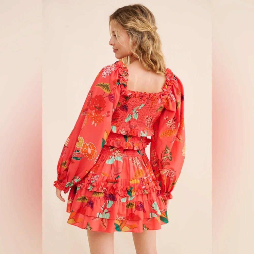 Farm Rio Long-Sleeve Square-Neck Smocked Ruffle Mini Dress - Picture 2 of 4